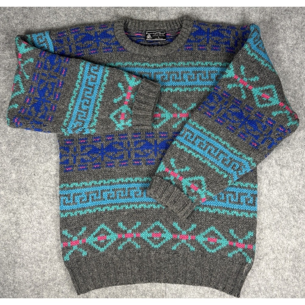 Vintage Preswick Moore Sweater Multicolor Geometric Wool Made In HongKong Sz L